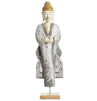 Imagen de Figura Decorativa de Buda en Madera Crema Plata 14 x 17 x 94 cm